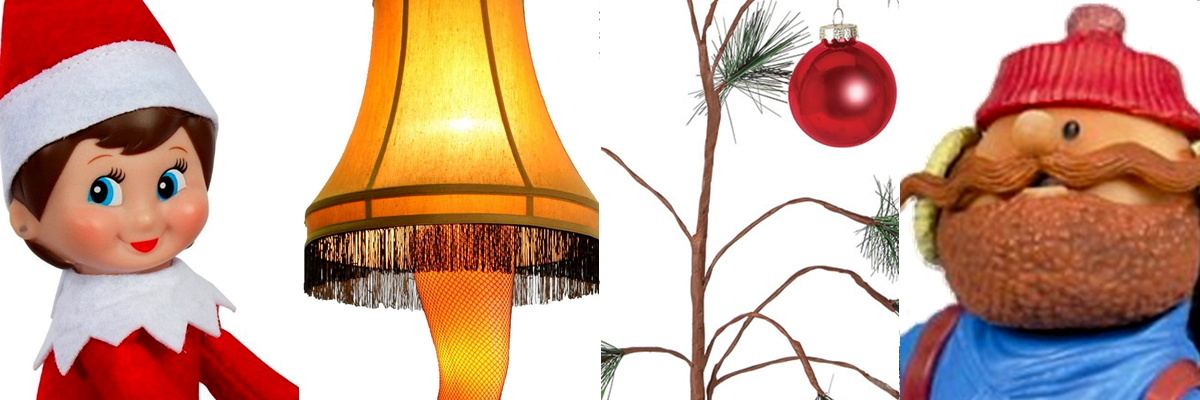 Image with Elf on a Shelf, the leg lamp, a Christmas tree and Yukon Cornelius